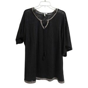 C. est 1946 Blouse Womens 18/20 Black Bohemian Embroidered Aztec Trim Semi Sheer